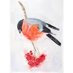 Bullfinch original watercolor painting ruffled fat red bird berry branch winter landscape abstract nursery wall decor