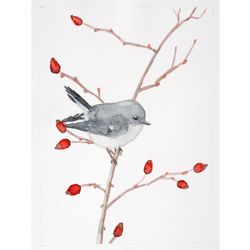 South island tomtit original watercolor painting little gray bird landscape rose hip berries artwork nursery wall art