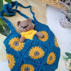 Blue Sunflower Bag, Sunflower Tote, Market Bag, Crochet Bag, Sunflower Purse, Drawstring Backpack, Handmade Tote