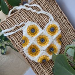 Sunflower Bag, Sunflower Tote, Market Bag, Crochet Bag, Sunflower Purse, Drawstring Backpack, Handmade Tote