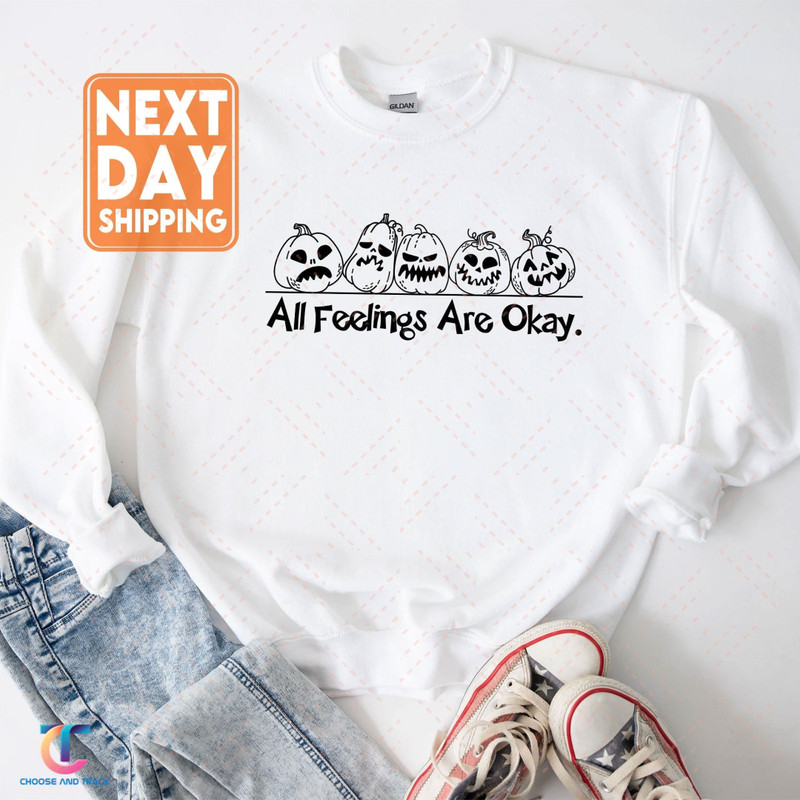 All Feelings Are Okay Pumpkin Sweatshirt, Halloween Crewneck, Funny Hoodie, Smile Face Tshirt - 1.jpg