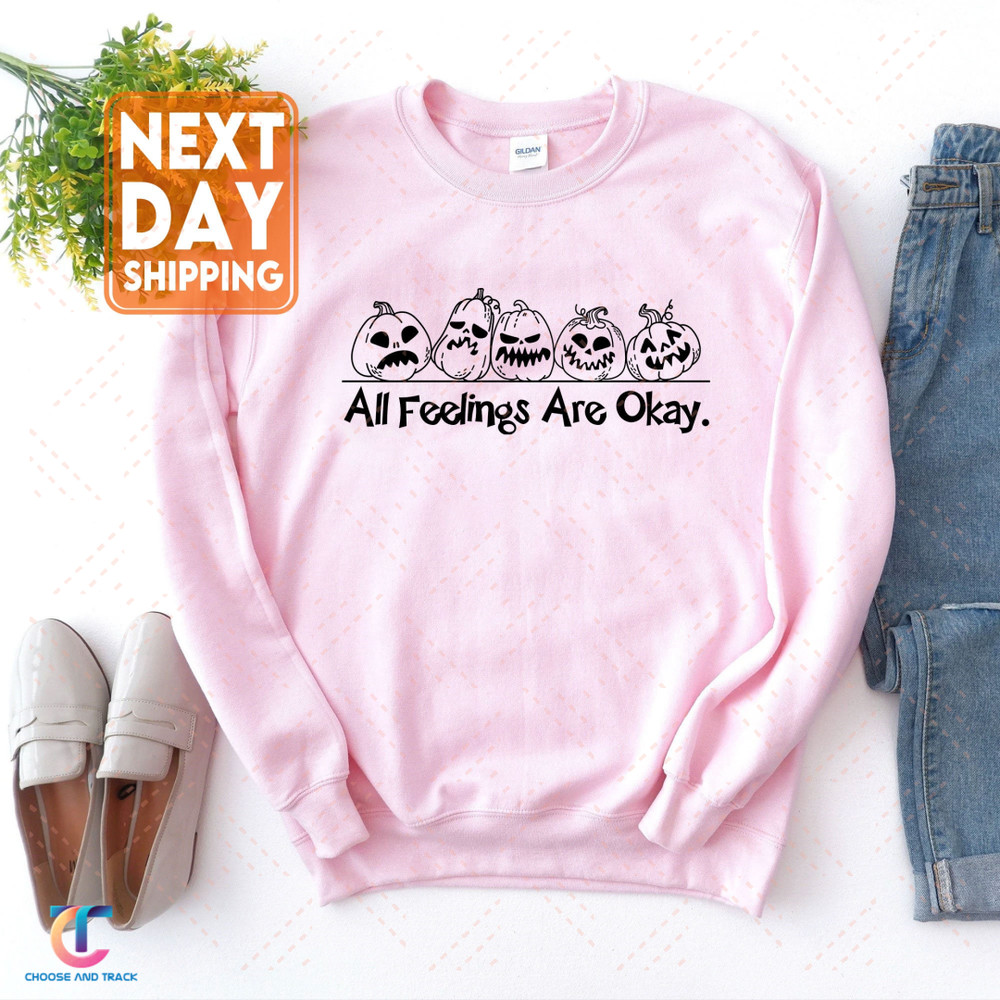 All Feelings Are Okay Pumpkin Sweatshirt, Halloween Crewneck, Funny Hoodie, Smile Face Tshirt - 3.jpg