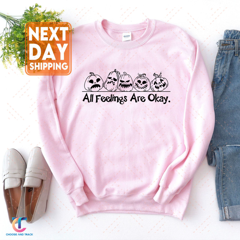All Feelings Are Okay Pumpkin Sweatshirt, Halloween Crewneck, Funny Hoodie, Smile Face Tshirt - 3.jpg