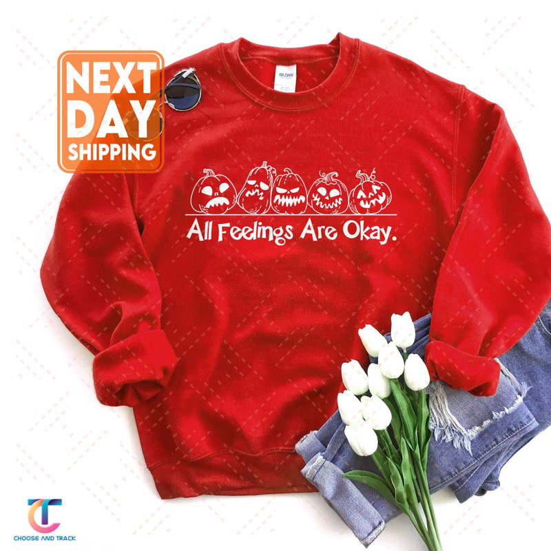 All Feelings Are Okay Pumpkin Sweatshirt, Halloween Crewneck, Funny Hoodie, Smile Face Tshirt - 6.jpg