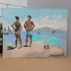 Minimalist art blue wall art landscape beach Nude painting Seascape Original oil painting Sunbathing painting Impasto