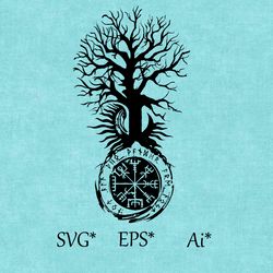 vegvisir compass and tree yggdrasil, svg germano scandinavian mythology, ancient viking, digital svg, eps, ai