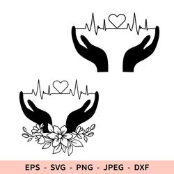 Heart Hands SVG Heartbeat SVG Outline Floral Nurse Svg Heart Flowers Dxf Doctor File for Cricut Love Clipart
