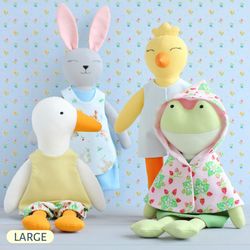 4 PDF Large Duck, Bunny, Chicken and Frog Doll Sewing Patterns Bundle