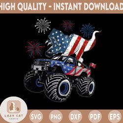 patriotic dinosaur riding monster truck png, happy 4th of july, american flag png, american boys, independence day gift