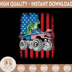 patriotic dinosaur riding monster truck png, happy 4th of july, american flag png, american boys, independence day gift
