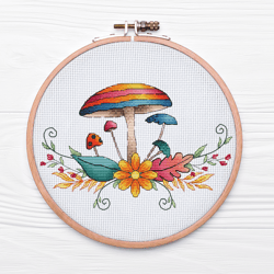 rainbow mushroom cross stitch pattern pdf, magic mushroom embroidery digital file, funny mushroom decor, fall decor