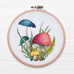 pink mushroom cross stitch pattern pdf, mushrooms embroidery digital file, mushroom decor, pink russula, fall decor