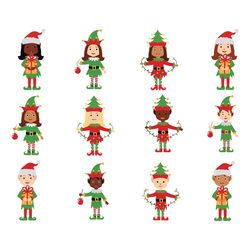 christmas elves clipart bundle, christmas elves png, girl boy elves, african american elves clip art svg, silhouette svg