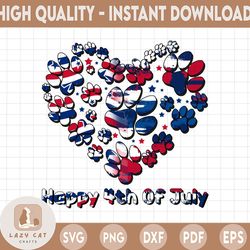 Happy 4th Of July Dog Lover Patriotic Heart Paws American Flag PNG, 4th Of July Paw Prints PNG, Gift For Dog Cat Lovers
