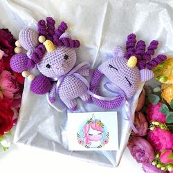 Baby gift box unicorn purple. Baby rattle unicorn, stroller toy. Gift set for newborns. Crochet baby unicorn. Baby set