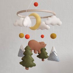 Baby crib mobile neutral woodland nursery decor, first time mom gift, personalized nursery mobile bear & mountain