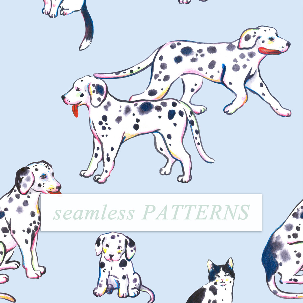Illustration Watercolor set dalmatian dogs and cats, patterns 2.jpg