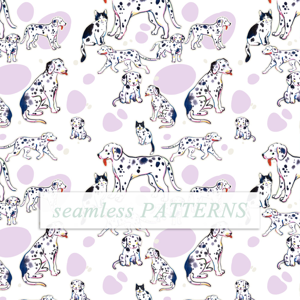 Illustration Watercolor set dalmatian dogs and cats, patterns 3.jpg