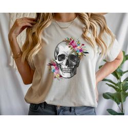 floral skeleton shirt, halloween skull shirt, womens halloween shirt, women fall graphic tee, cute fall shirt, skeleton