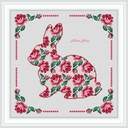 Cross stitch pattern Rabbit silhouette roses floral ornament flowers bunny hare counted crossstitch pattern Download PDF