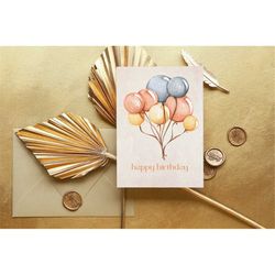 happy birthday greeting card. ballons birthday card. happy birthday. personalized gifts for birthdays. watercolor greeti