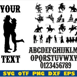 western font & cowboy silhouettes | cowboy svg for woman, cowboy svg for men, western font svg, western font ttf