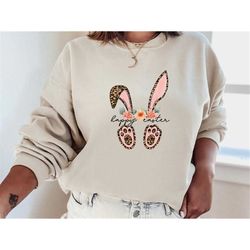 leopard bunny shirt, women easter sweatshirt, cute easter bunny tee, easter rabbit sweatshirt, womens easter shirt, happ
