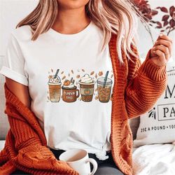 fall coffee shirt. cute halloween pumpkin t-shirt. thanksgiving gift idea. pumpkin spice latte drink cups tee shirt shor