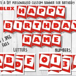 printable roblox birthday banner pdf | jpeg, roblox printable happy birthday banner letters numbers  /  instant download