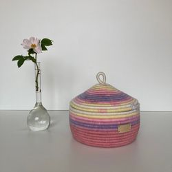 Pink storage basket with lid Jute basket 6.7'' x 7'' Pink basket