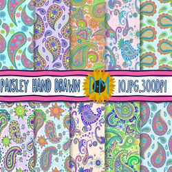 paisley seamless patterns, 10 paisley hand drawn digital paper set for scrapbooking and crafting, floral background