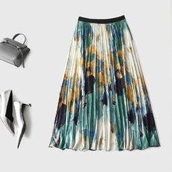women's printed elastic high waist pleated skirt