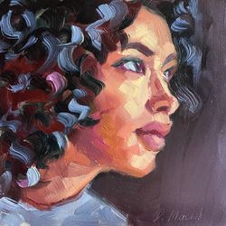 Woman Portrait Painting Original Female Image Artwork Oil On Panel 8x8 In