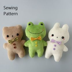 3in1 Bunny Frog Bear Easy Stuffed Animal Patterns To Sew (in 2 sizes), DIY Plush Toy Tutorial For Beginners.