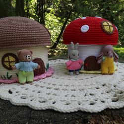pattern 5 in 1 crochet mushroom house and toys: doll, bear, bunny, elephant. pdf amigurumi mushroom fly agaric house toy