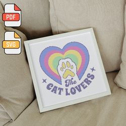 cross stitch pattern pdf  svg "cat lovers", cat stitch , heart cross stitch for beginners, rainbow