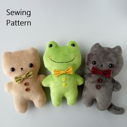 3in1 Frog Bear Cat Easy Stuffed Animal Patterns To Sew (in 2 sizes), DIY Plush Toy For Beginners, Small Sewing Project.