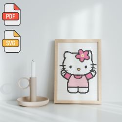 cross stitch pattern pdf  svg "hello kitty", pink cat stitch, cross stitch for beginners