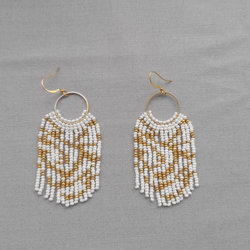 Gold white beaded abstract earrings with tassels. Long Boho beadwork fringe earrings. Summer trendy beach party jewelry.