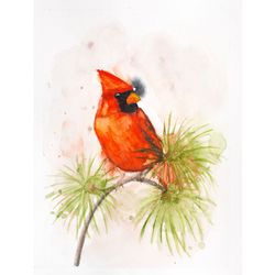Northern Cardinal original watercolor painting red bird on a branch wall art small artwork abstract nursery wall decor