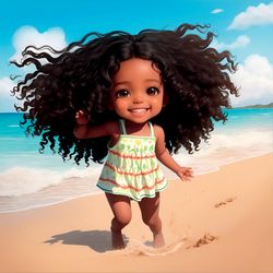 Joyful Little Brunette on the Beach - Digital Art