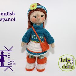 Crochet Doll Pattern, Amigurumi doll pattern, Small doll, 15"/ 38 cm Tall, Zoe