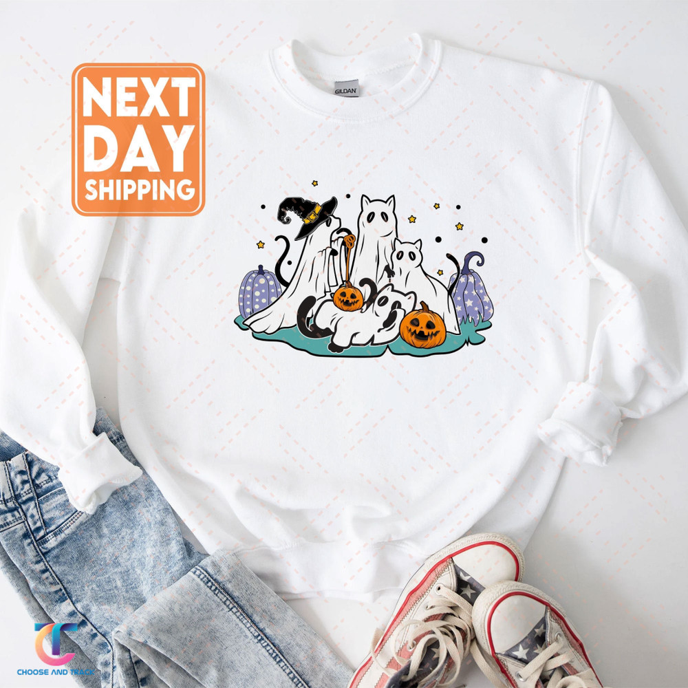 Black Cats in Ghost Costume Cute Halloween Sweatshirt - 1.jpg