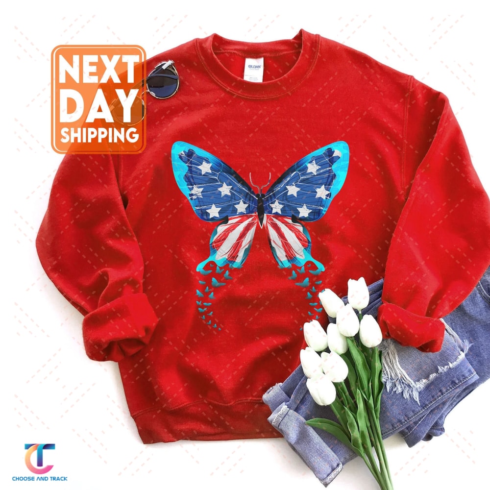 Butterfly USA Flag Cute 4th Of July Funny American Girl Sweatshirt - 1.jpg