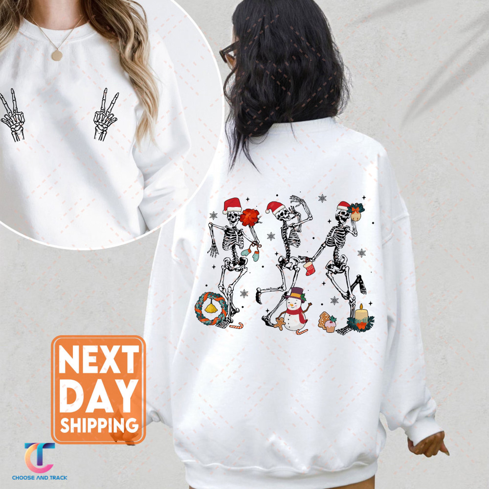 Dancing Skeleton Christmas Sweatshirt, Skeleton Dancing Shirt, Peace Hand Shirt, Dancing Skeletons T-shirt - 1.jpg