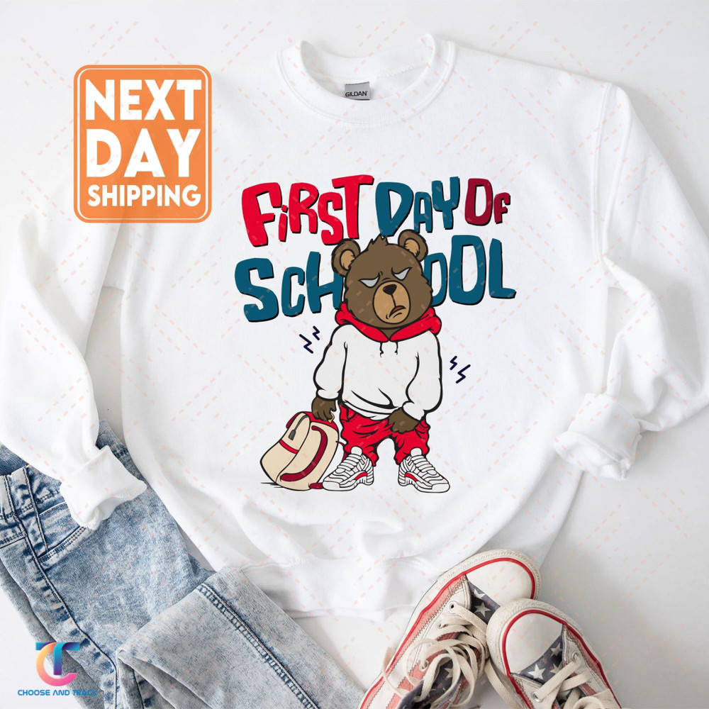 First Day Of School Sweatshirt, Bear Go To School Sweatshirt, Retro Hippie Shirt, Back To School Crewneck - 1.jpg