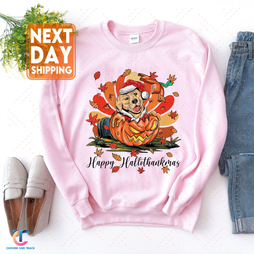 Golden Retriever Women Sweatshirt, Hallothankmas Shirt, Christmas Gift For Dog Lovers, Ghost Dog Crewneck, Golden Retriever Mom Shirt - 1.jpg