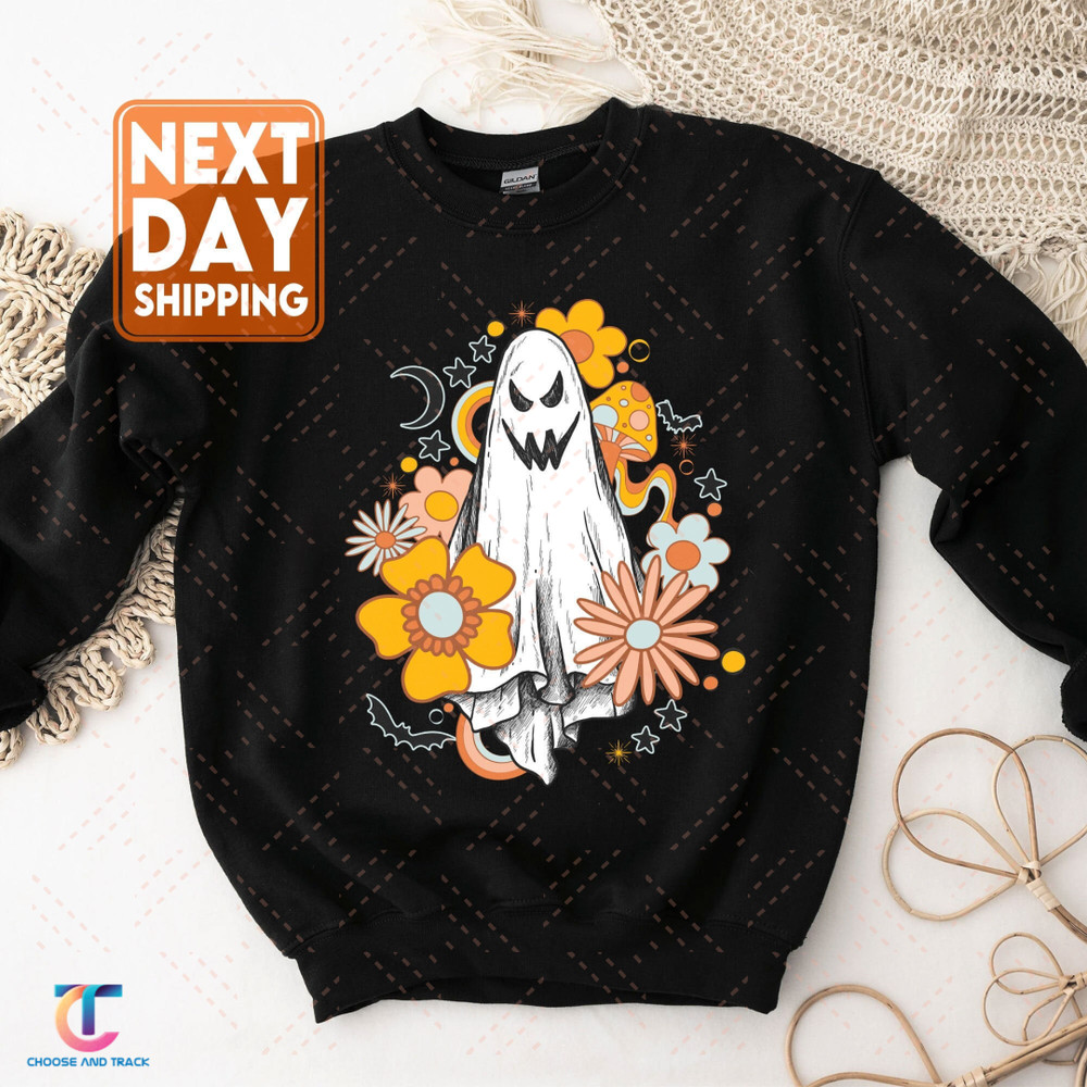 Halloween Ghost Sweatshirt, Halloween Party, Floral boho Ghost Hoodie, Women's Fall Shirt, Trick or Treat Costume, Cute Spooky Ghost Tee - 1.jpg