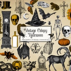 vintage creepy halloween clipart graphic, set halloween png and clip art for kids includes bats, skulls, skeletons, pump