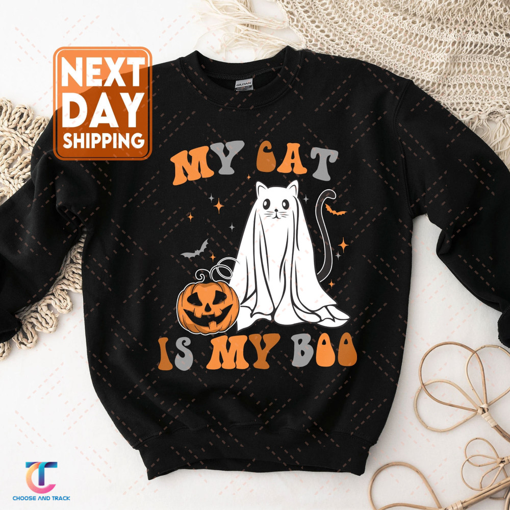 My Cat Is My Boo Sweatshirt, Cute Halloween Shirt, Spooky Cat Tee, Spooky Pumpkin Hoodie, Ghost Cat Crewneck,Cat Mom Shirt,Halloween Cat Tee - 1.jpg